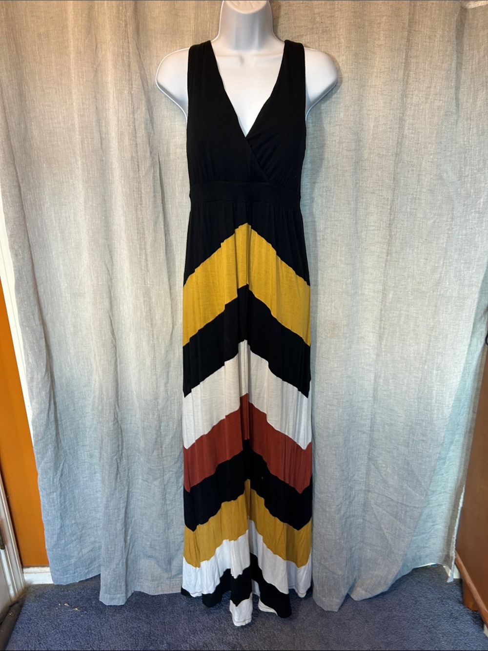 Sleeveless Chevron Maxi Dress in Black, Mustard, Rust & Cream